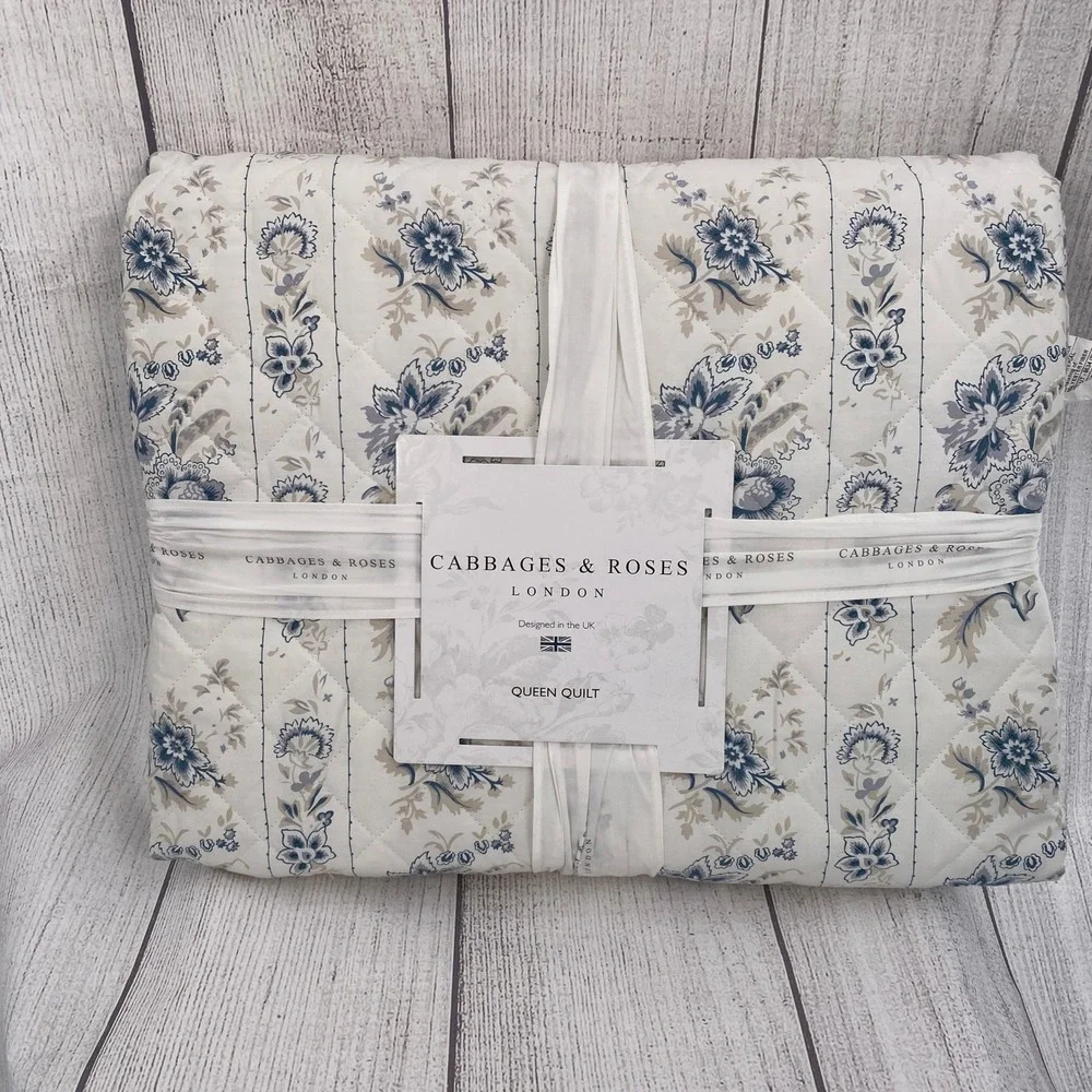 Cabbages & Roses India Rose Queen Quilt Blue Floral Cotton Percale Cottagecore
